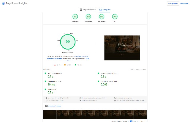 Google PageSpeed Insights Desktop — Performance 98, Accessibilità 100, Best Practice 100, SEO 100